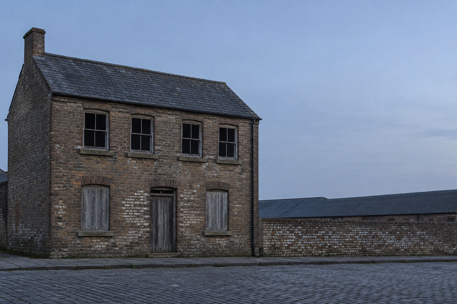 The old dairy, an empty brick building with boarded lower windows, across a cobbled street at blue hour.