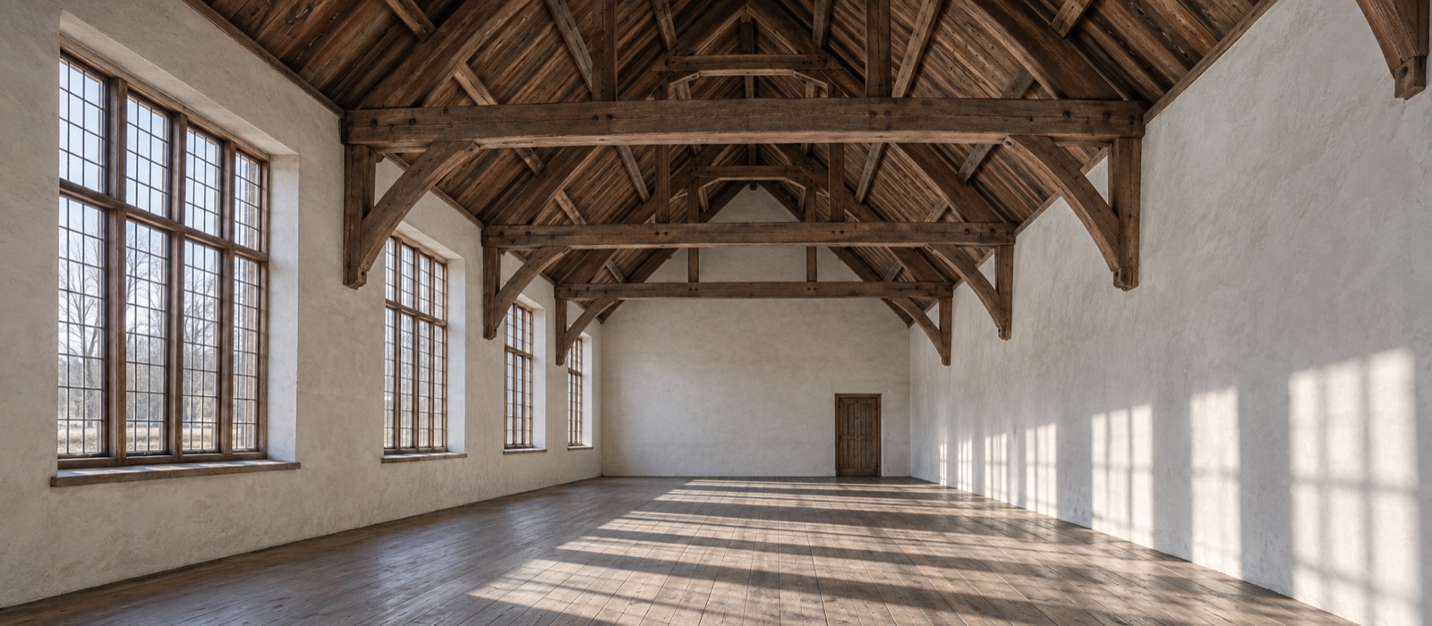 The hall at Cloister School after works: oak roof trusses cleaned and repaired above lime-plastered walls, with low winter sun through the tall windows throwing long shadows across the floor.