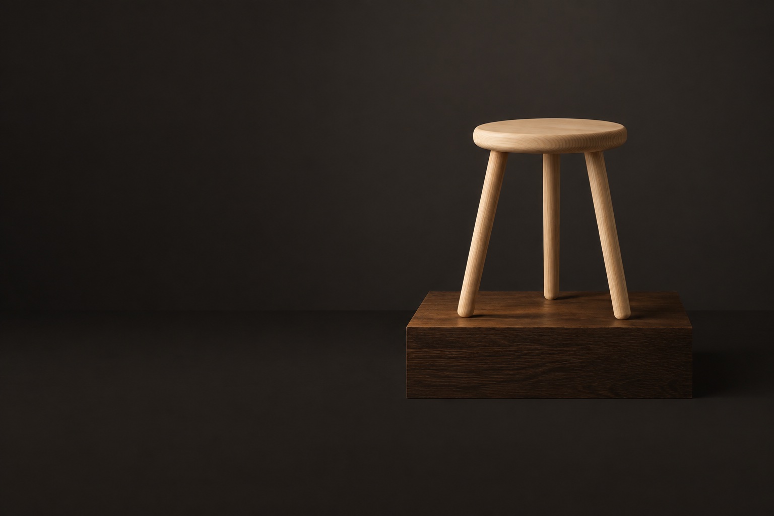 The Kerf & Grain Three-Leg Stool in pale ash on a low block of dark oak, lit by one warm lamp on a dark graphite set.
