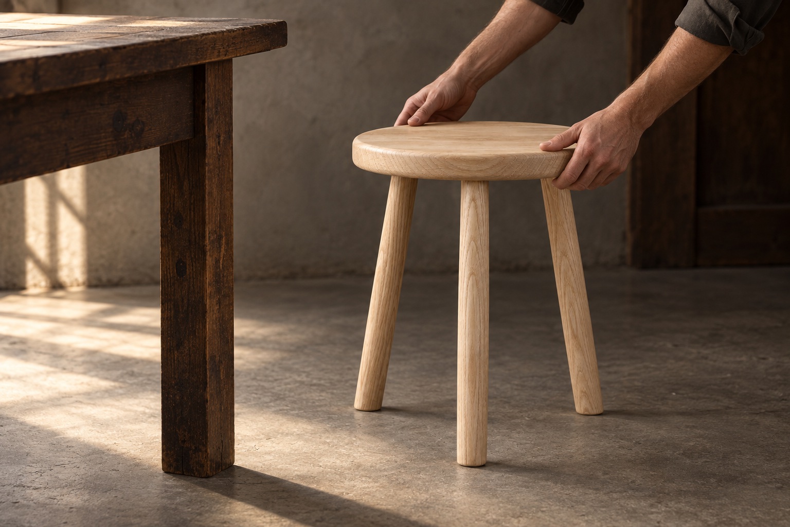 Two hands drawing the Kerf & Grain stool into place beside a dark workshop table, window light across a concrete floor.