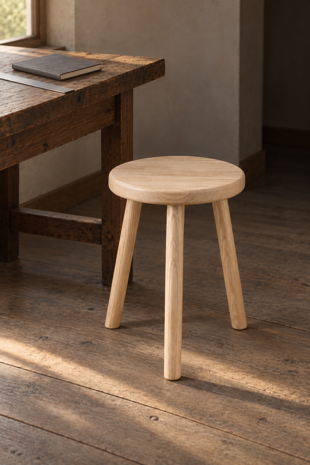 The stool on floorboards beside a worktable holding a closed notebook and a steel rule.