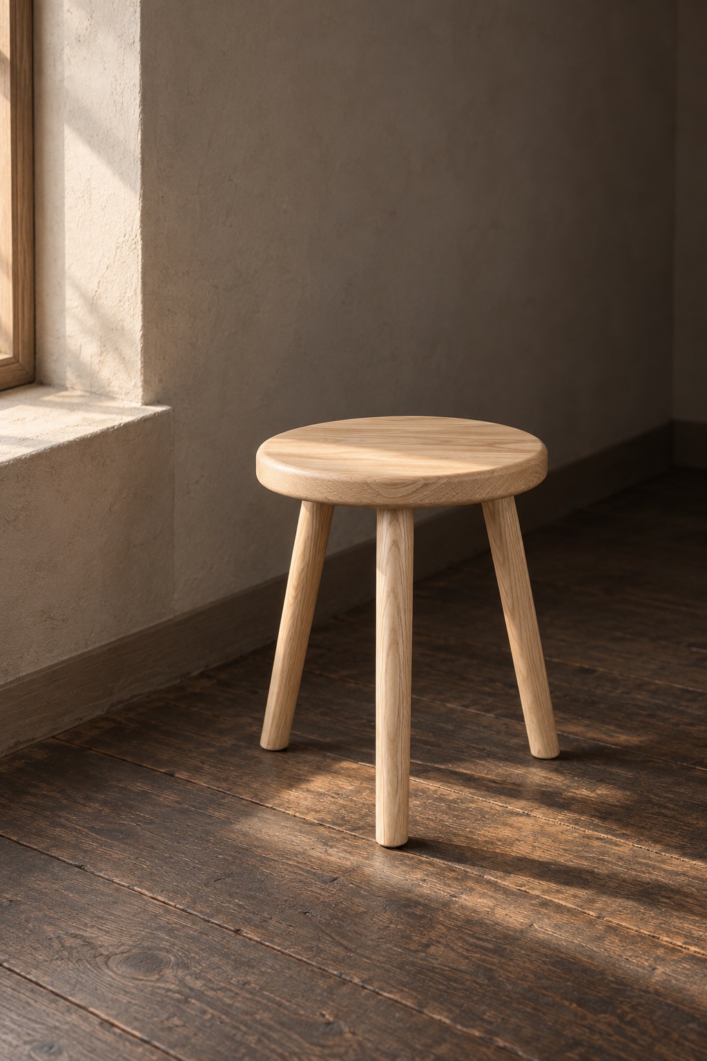 The stool under a deep window sill in low evening light.