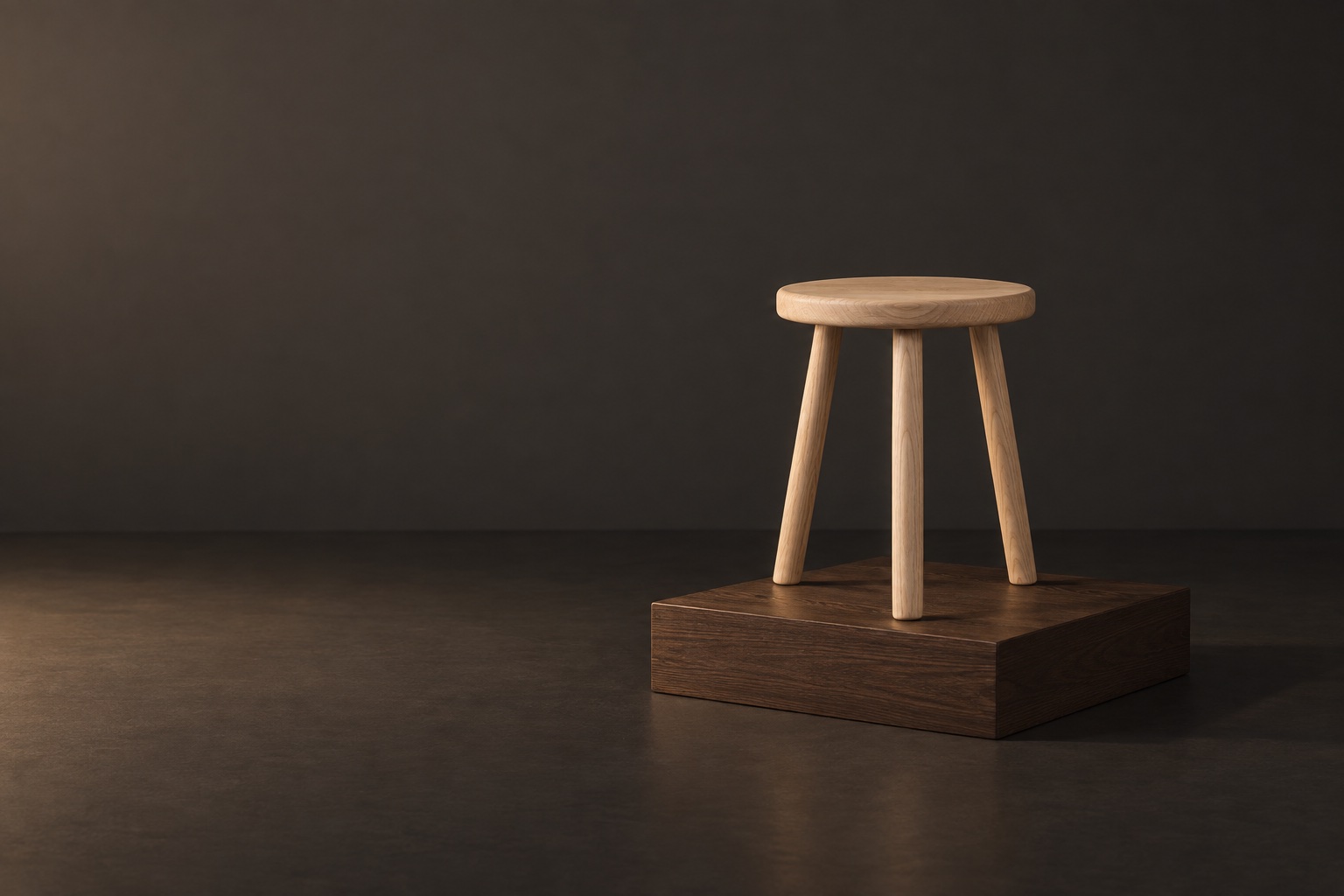 The Kerf & Grain stool on its oak block at dusk, the wall gone dark and its shadow long.