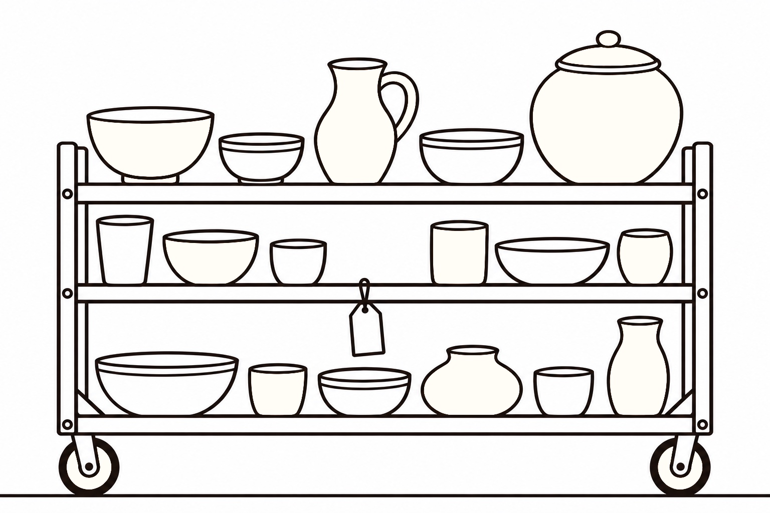 Drawing of a wheeled ware cart with three boards of unfired pots of every height, bowls, cups, a jug and a lidded jar, with a blank tag hanging off the middle board.