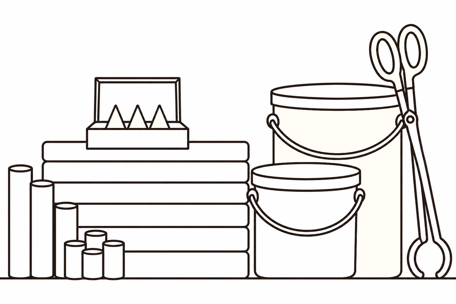 Drawing of kiln furniture out of the kiln: a stack of kiln shelves with a pack of witness cones on top, props beside it, a vermilion glaze bucket, a pale one in front and a pair of dipping tongs.