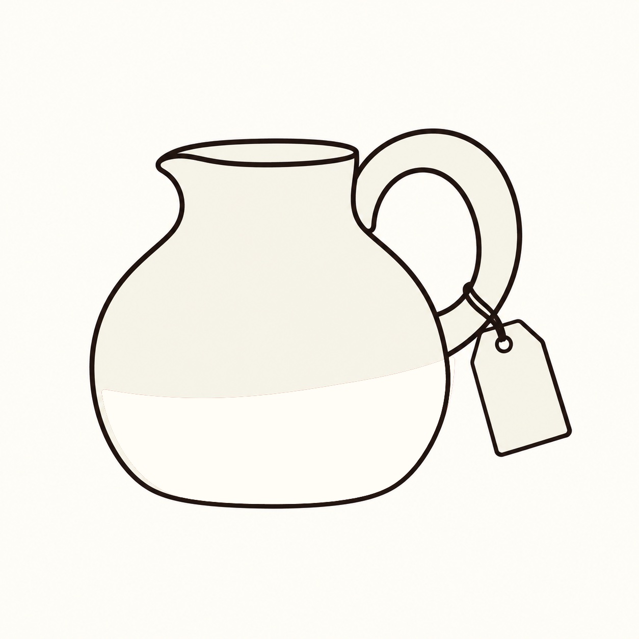 Drawing of a squat jug waiting to be loaded, a blank paper tag tied to its handle with string.