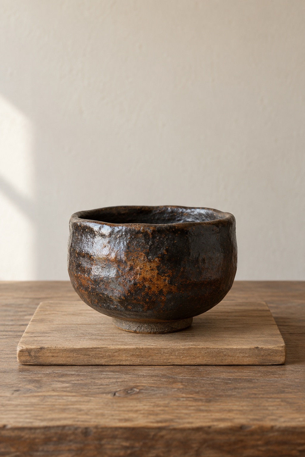 A squat tea bowl in a dark glossy glaze with rusty patches, standing on a wooden ware board in soft window light.