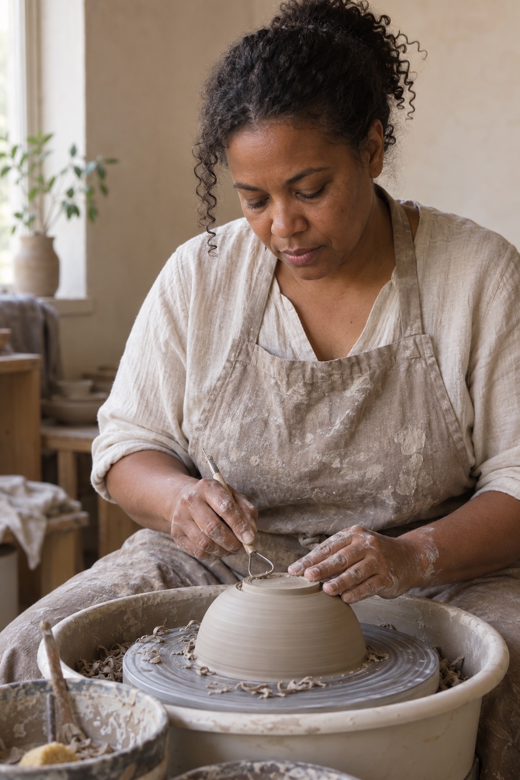 A generated stand-in portrait: a middle-aged studio member in a clay-marked apron trims a bowl on a pottery wheel.