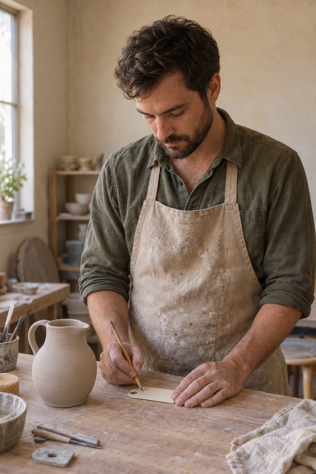 A generated stand-in portrait: a younger studio member writes on a blank kiln tag beside a pot.