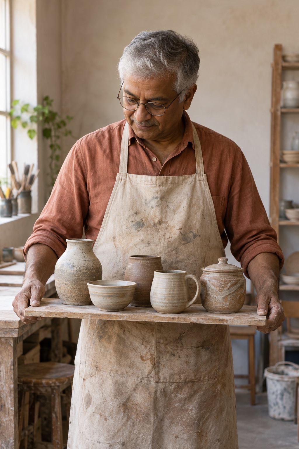 A generated stand-in portrait: an older studio member carries a board of handmade pots.
