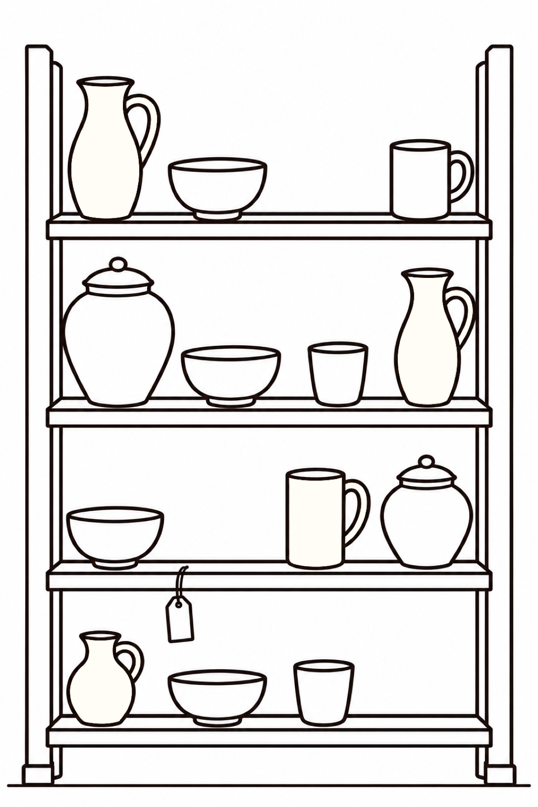 Drawing of a tall wooden drying rack with four boards and sixteen spaces: thirteen unfired pots of different heights, three spaces left empty, and a blank tag hanging off the third board.