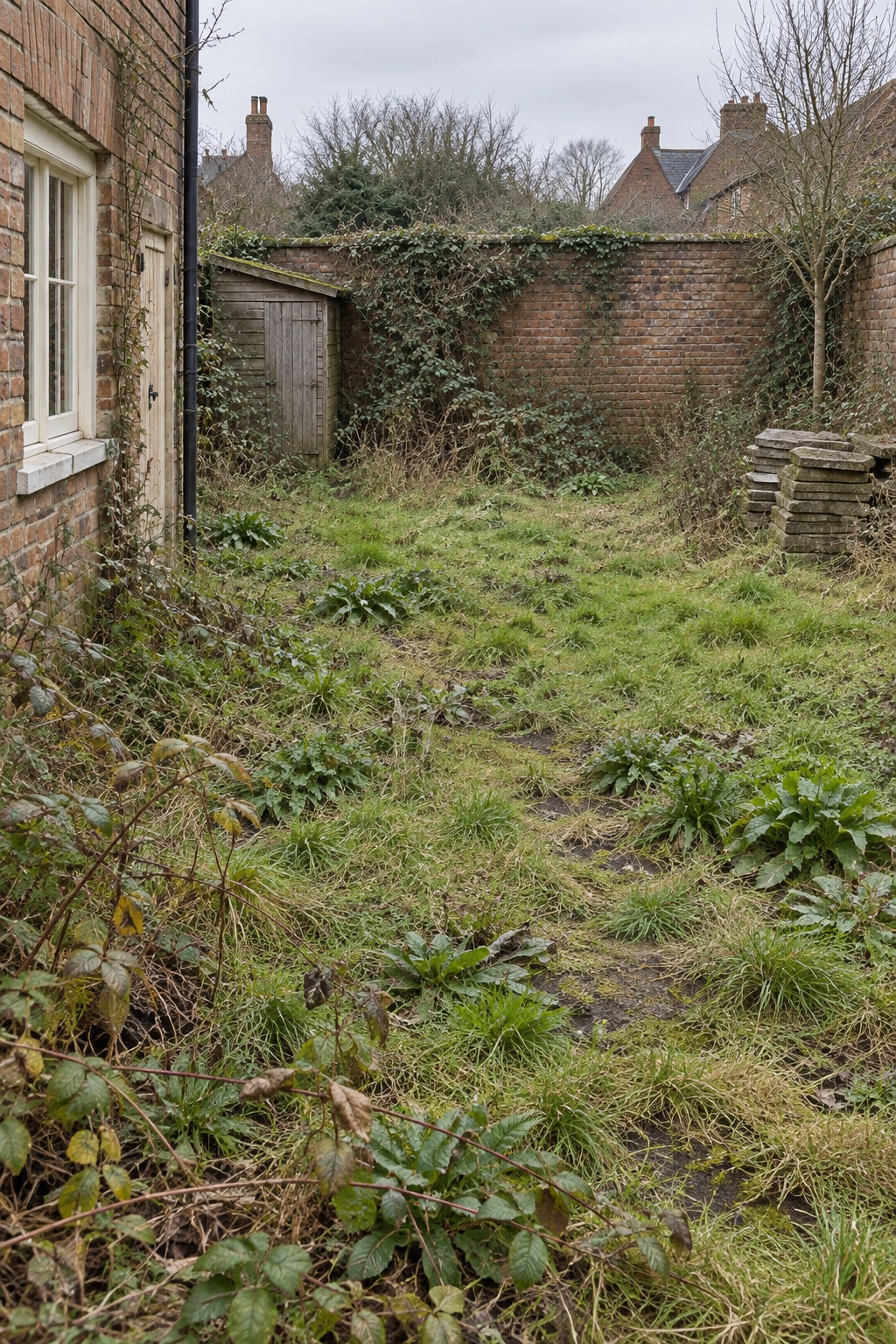 The same walled plot before the work, in flat grey light: rough lawn, a leaning shed and brambles on the wall.
