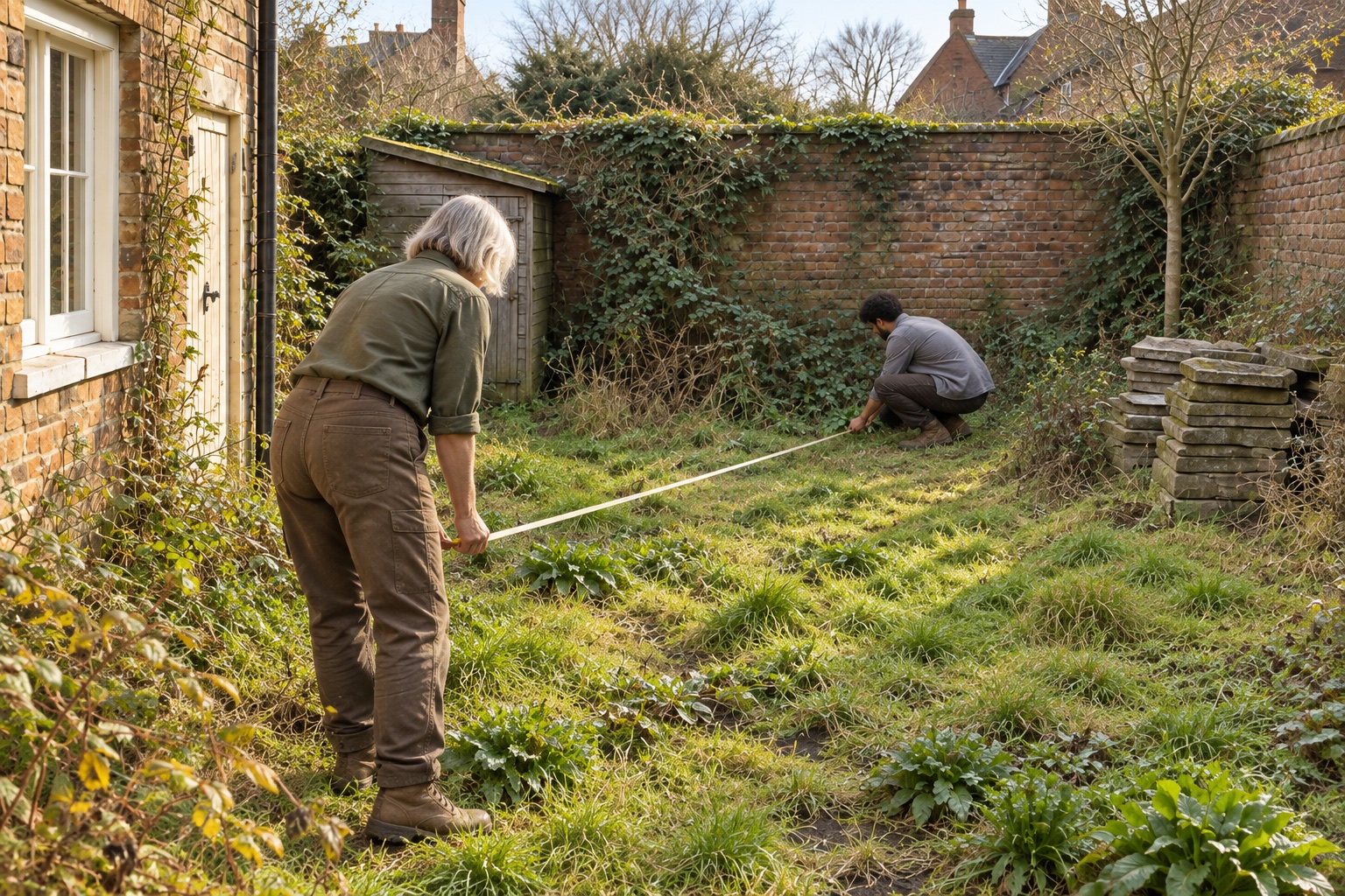 Two garden designers, seen from behind, measuring a rough plot with a tape beside its brick wall.
