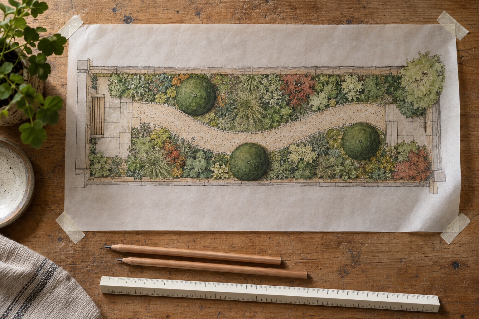 Overhead view of a hand-drawn planting plan on tracing paper with ink linework, soft green and ochre washes, a scale rule and two pencils.