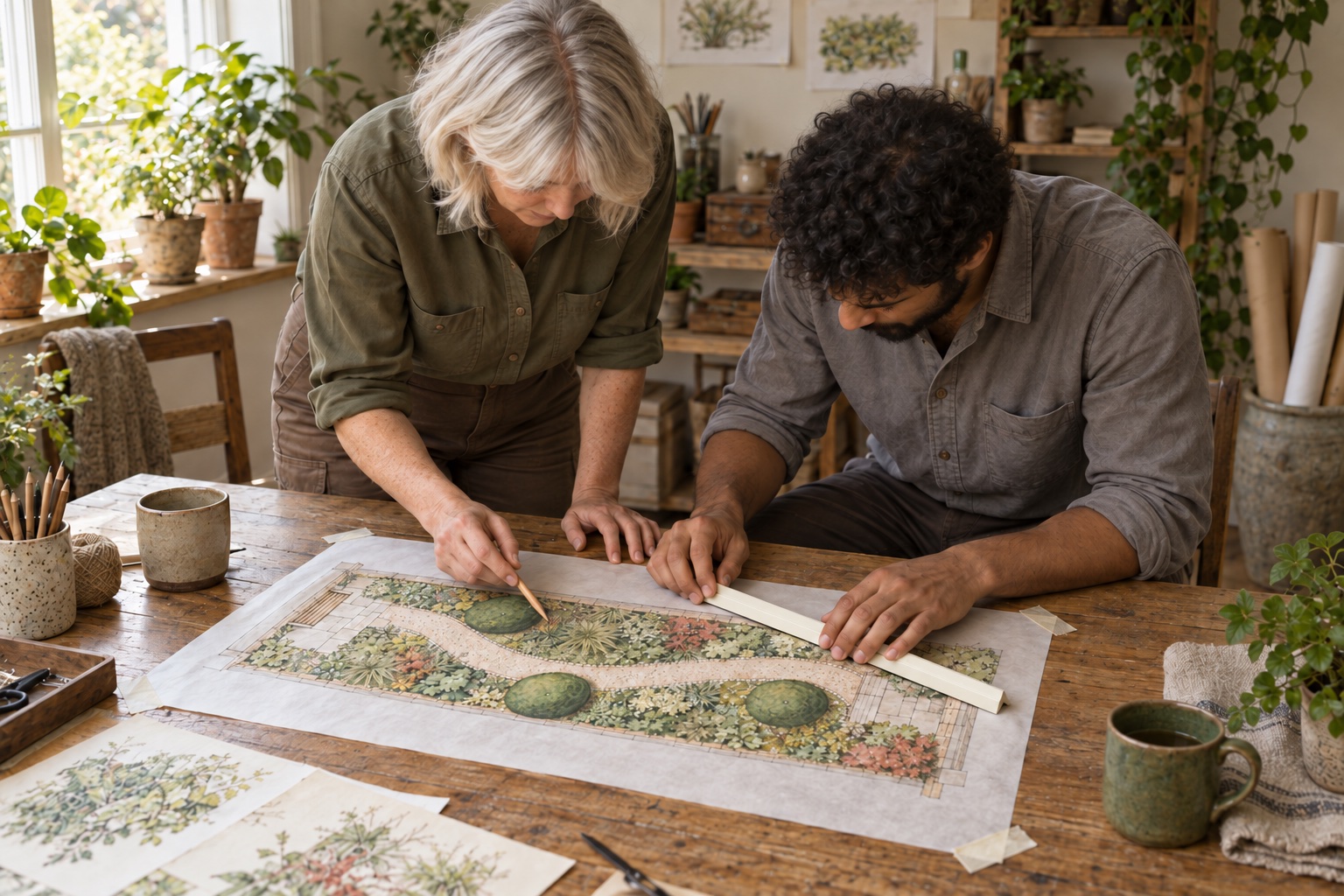 The two designers leaning over a tracing-paper plan at a workroom table, one pointing with a pencil, one holding a scale rule.