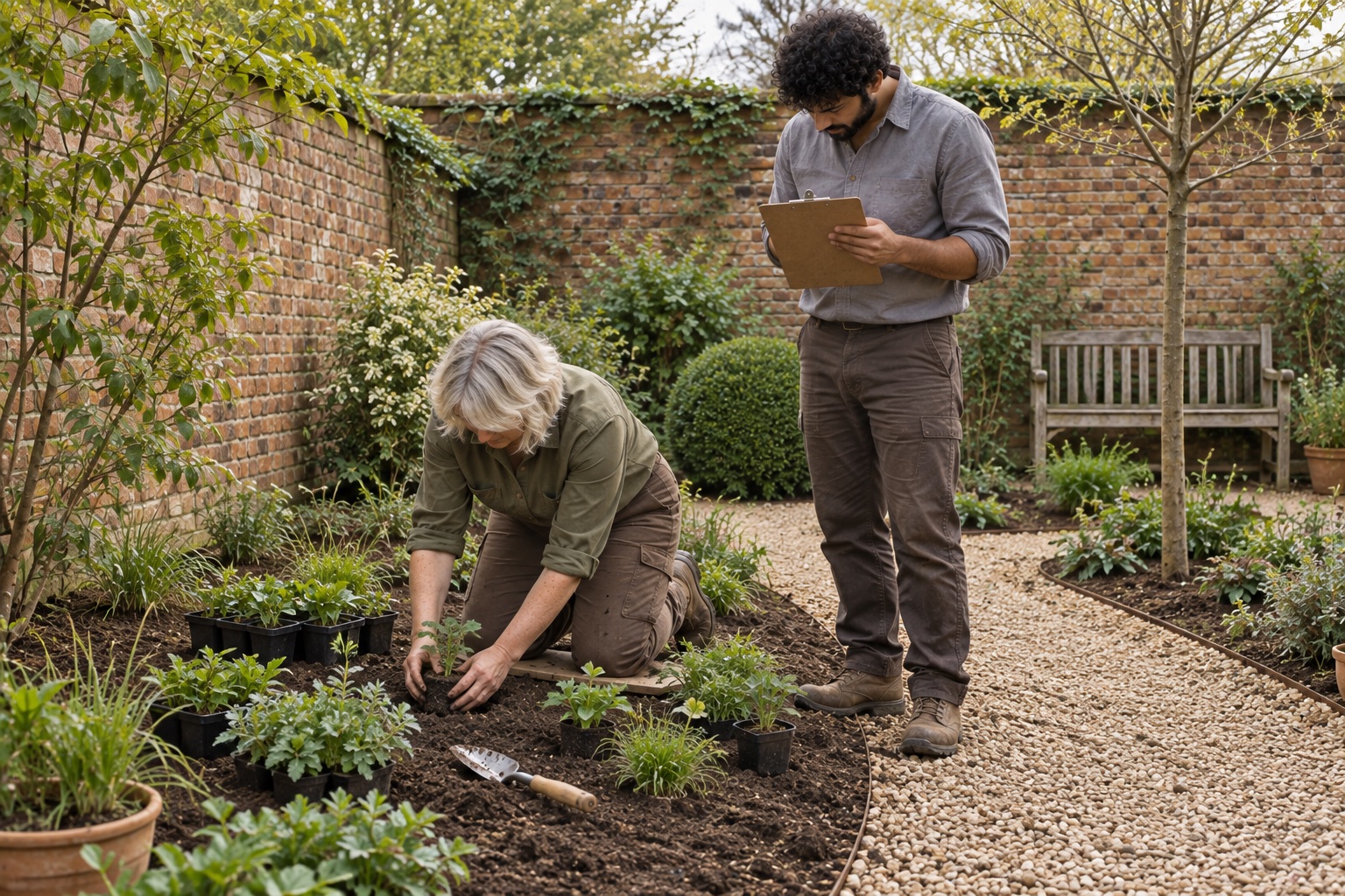 One designer kneels to set plug plants into fresh soil while the other stands on the gravel path reading from a clipboard.