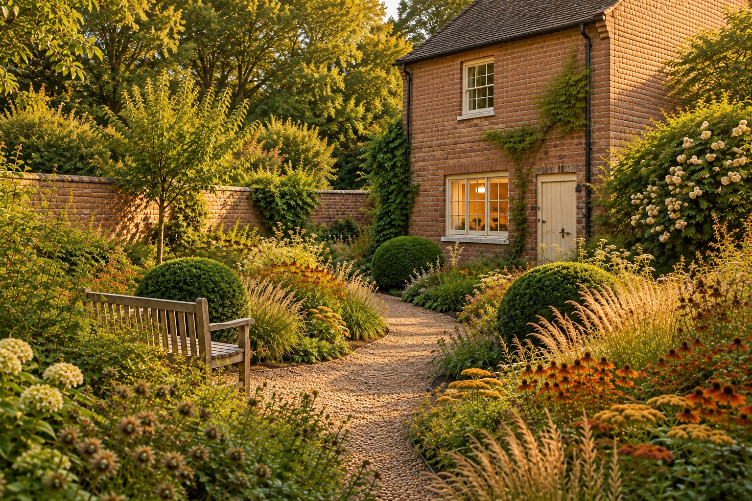 The garden from its far end in late summer: grasses in seed, rust and ochre flowers, clipped yew domes, an oak bench and a lit kitchen window in the brick house.