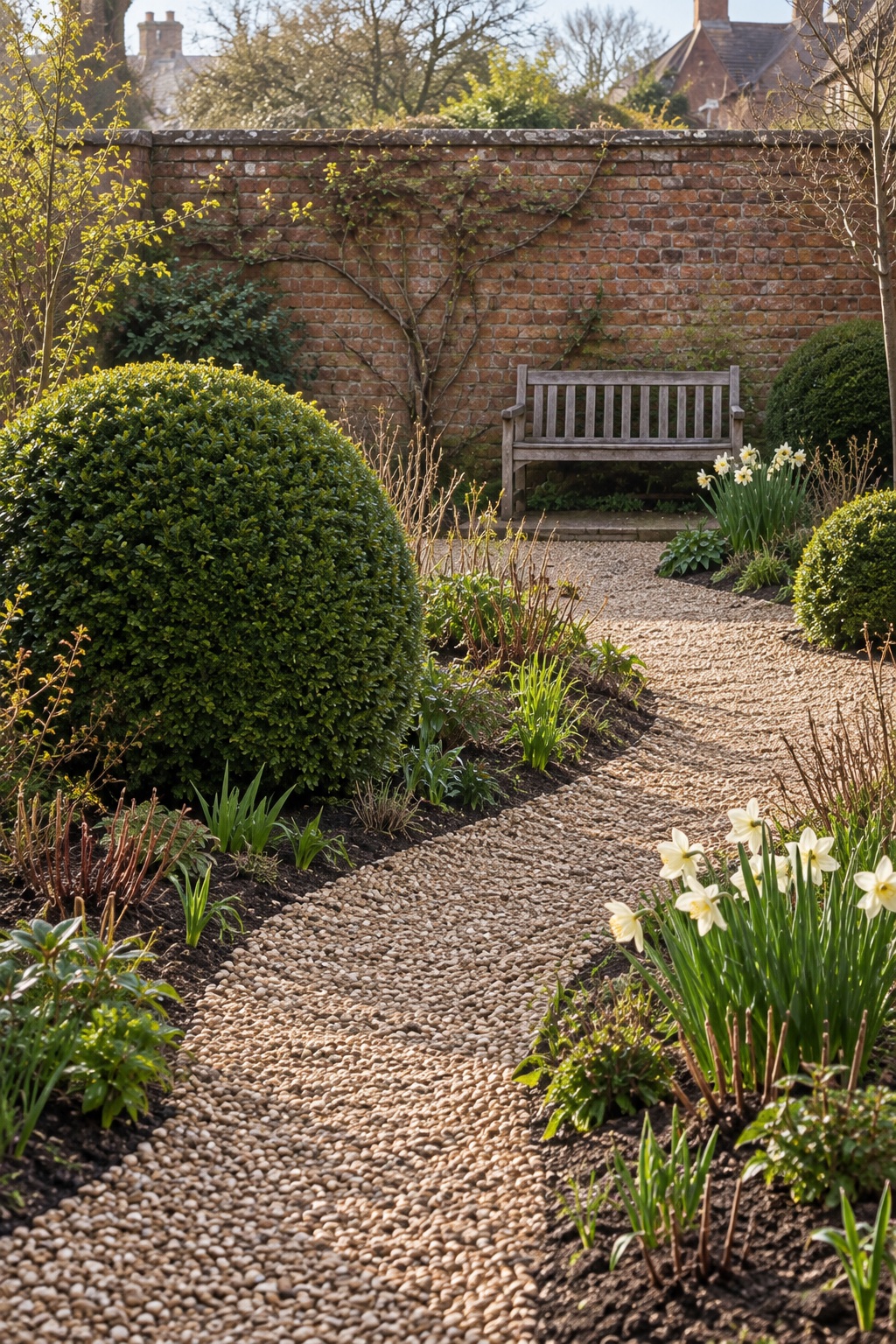 The garden corner in early spring: cream narcissi, cut-back beds, a yew dome and the oak bench.