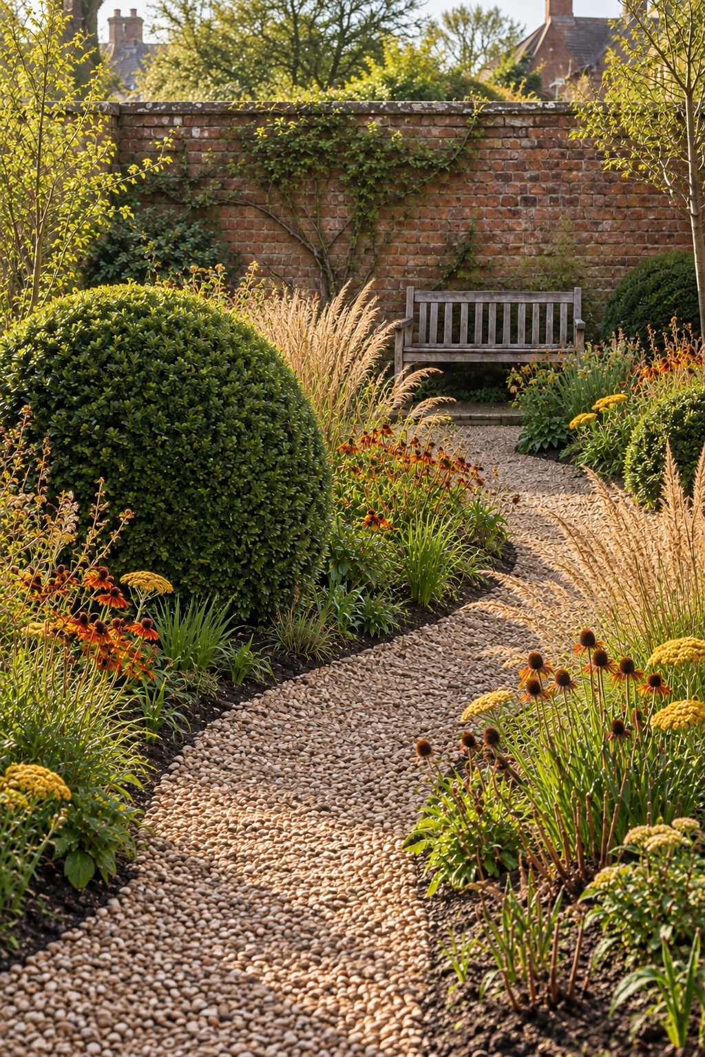 The same corner in late summer: grasses in seed with rust and ochre flowers.
