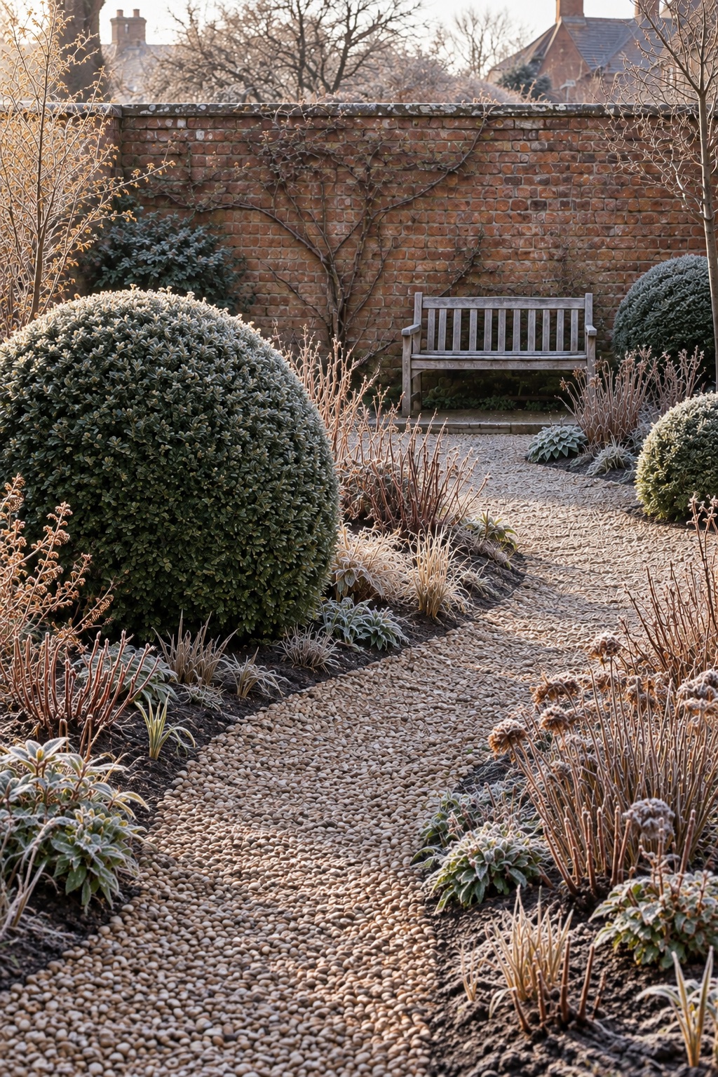 The same corner in winter: frost on dry seed heads and the clipped yew.