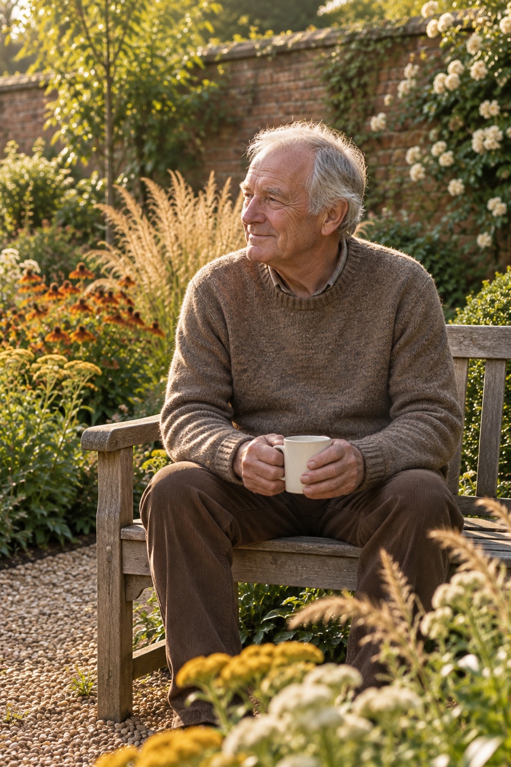 An older man in a wool jumper sitting on his garden bench with a mug, looking to one side.