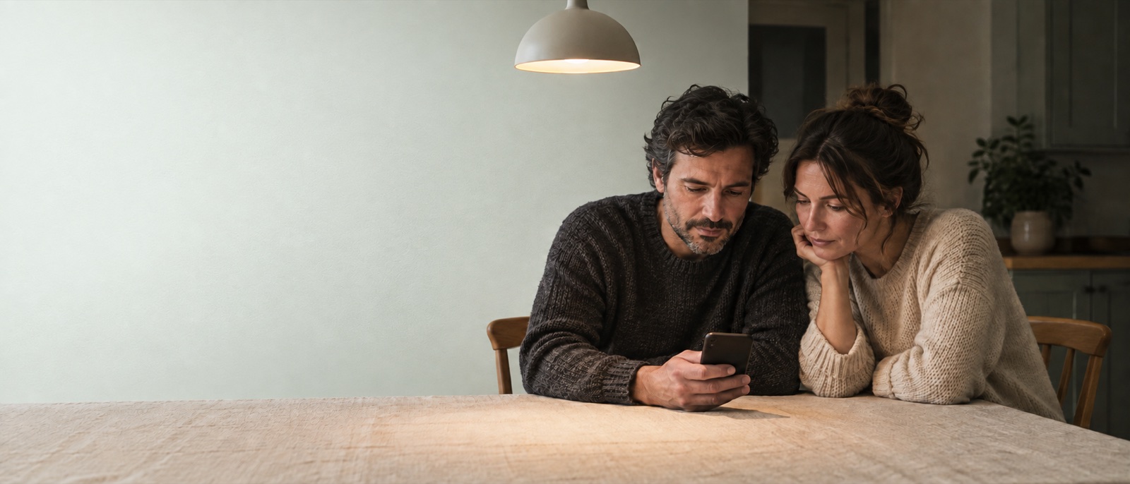 Two adults at a cleared kitchen table after dinner, under a pendant lamp. One holds a phone low between them while the other leans in to read it.