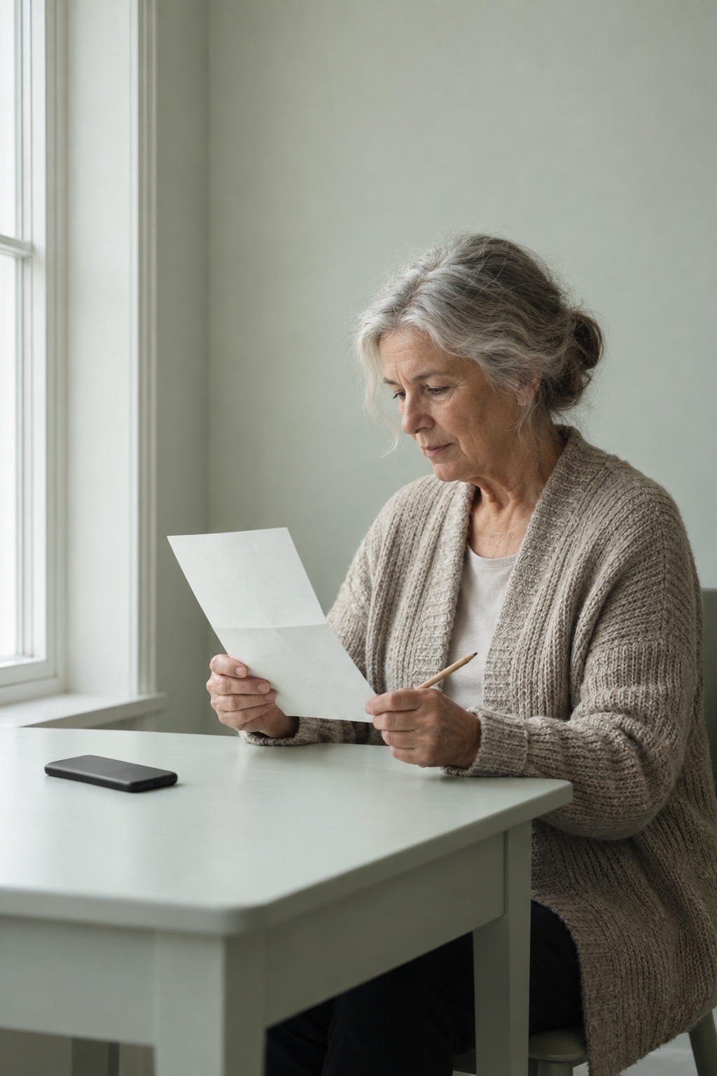 An older woman at a small desk by a tall window, reading a folded paper statement with a pencil in her hand. A phone lies face down beside her.
