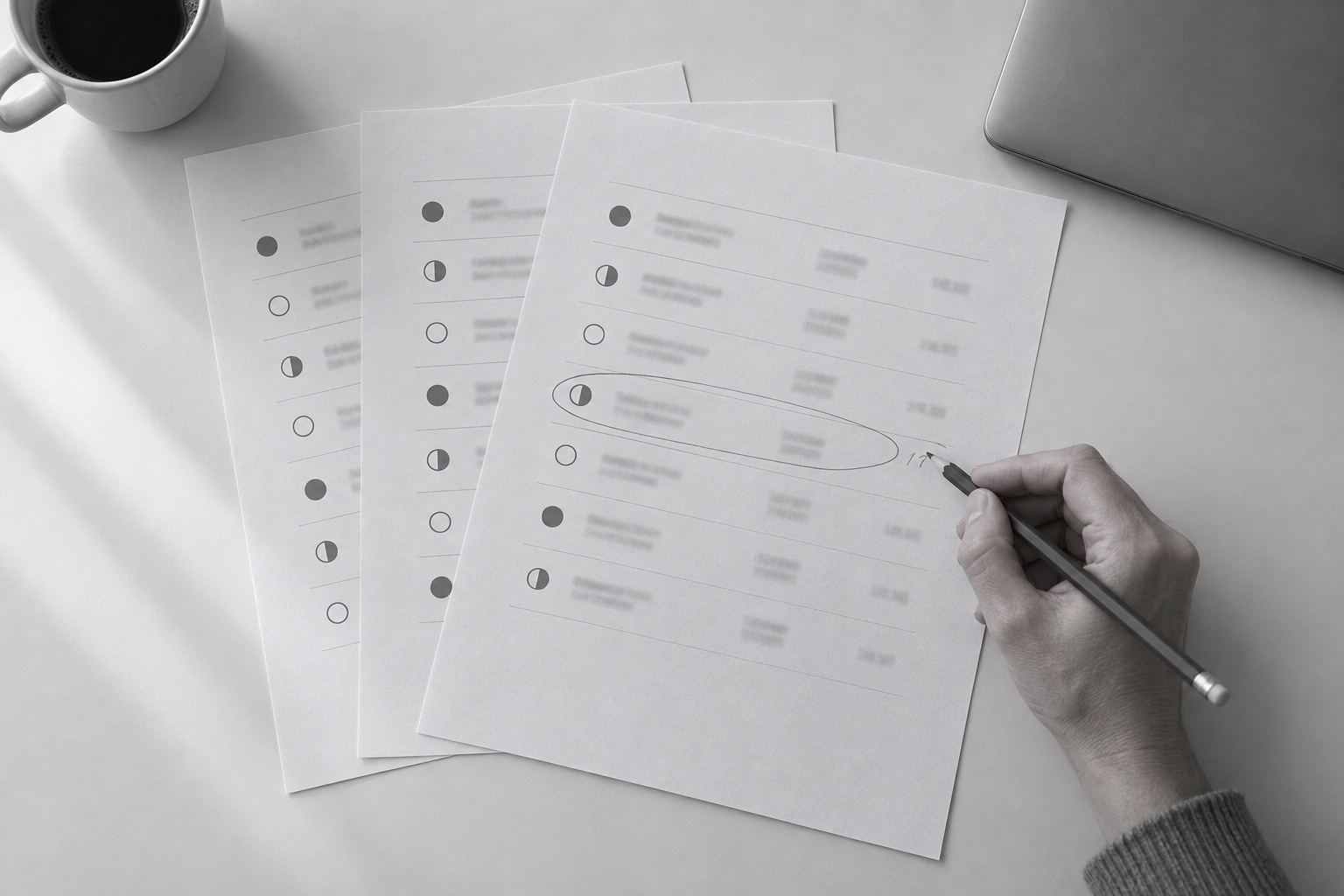 Overhead view of a weekly review: three printed renewals boards fanned across a pale desk, each row led by a full, half or open dot, and one row ringed in pencil by the hand holding it.