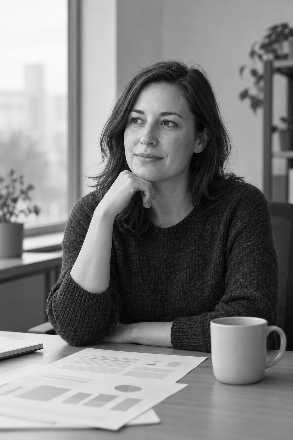 Illustrative photograph of Maren Holt at her desk by a window, with printed account summaries and a mug in front of her.