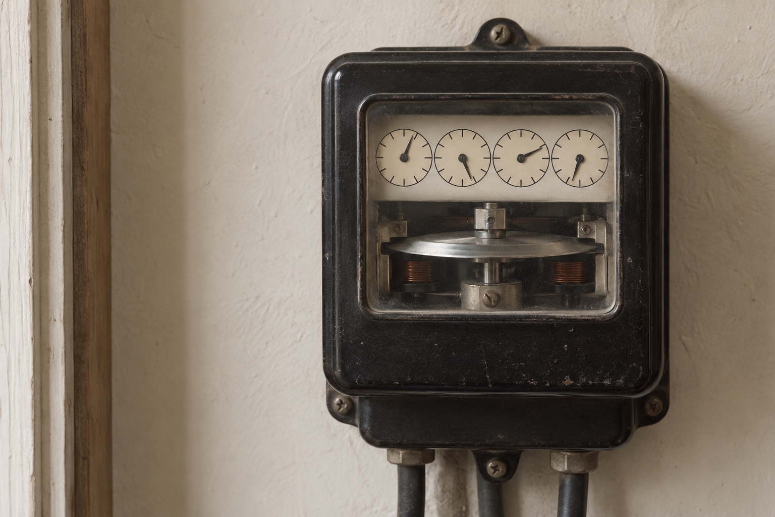 An old electricity meter on a plaster wall in a stair cupboard: four small dials above a metal disc, cables running down from its base.