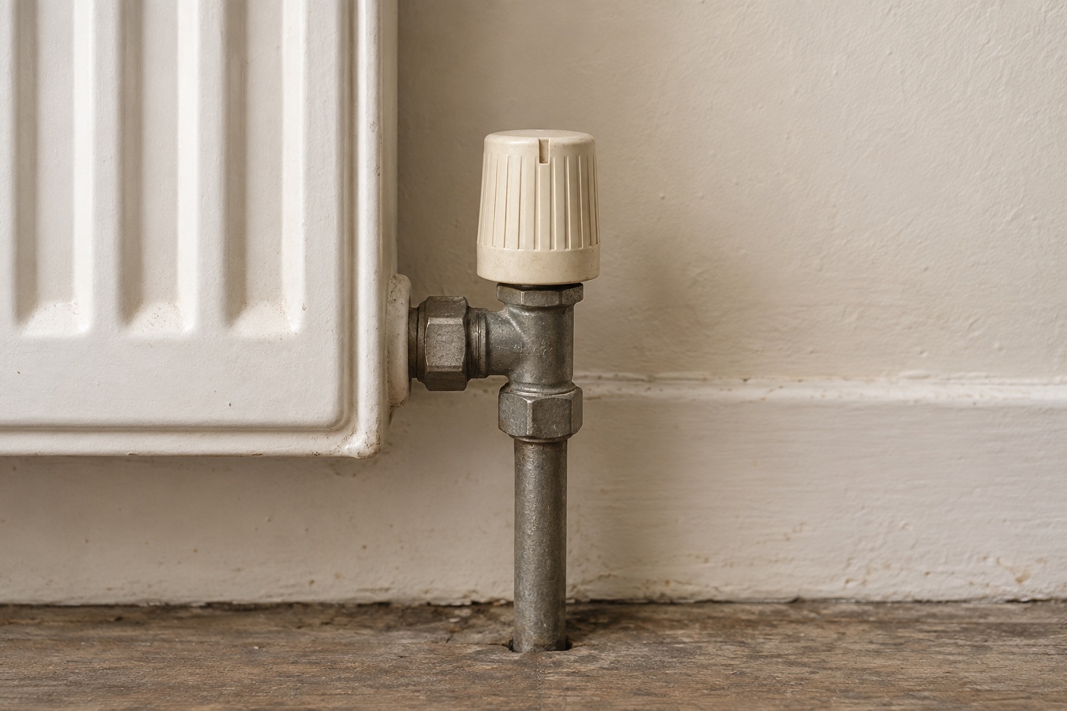 A radiator valve with a ribbed ivory collar at the corner of a white radiator, beside a hallway skirting board.