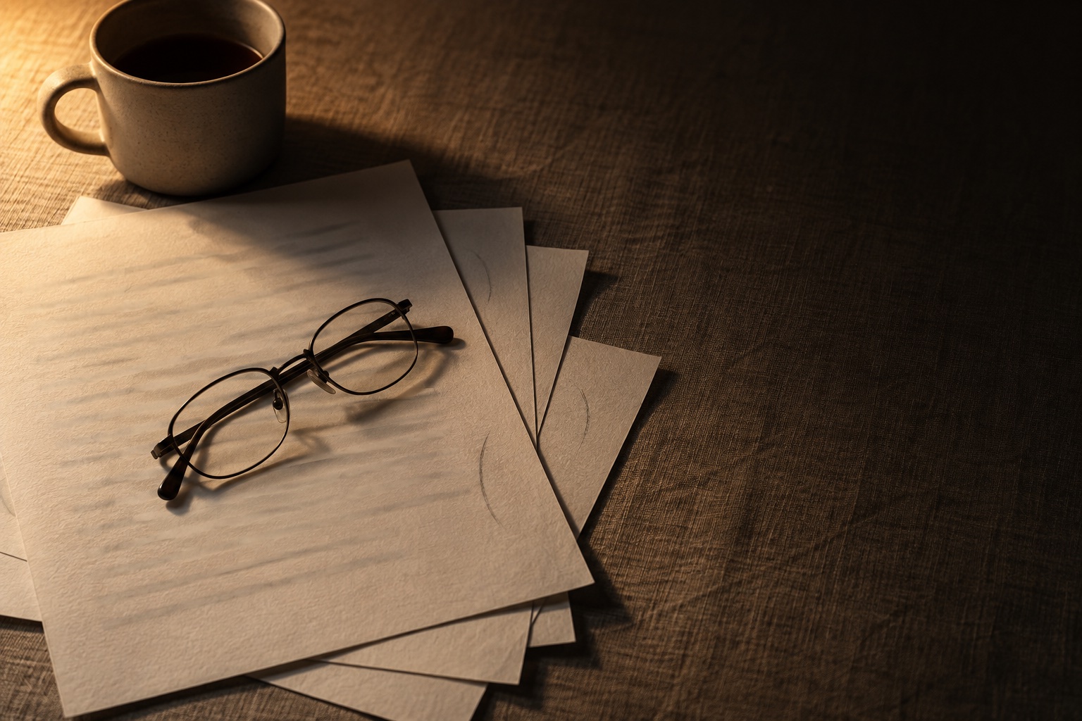 A draft fanned across a linen table at night under one small lamp, folded reading glasses on the pages and a stoneware cup beside them.
