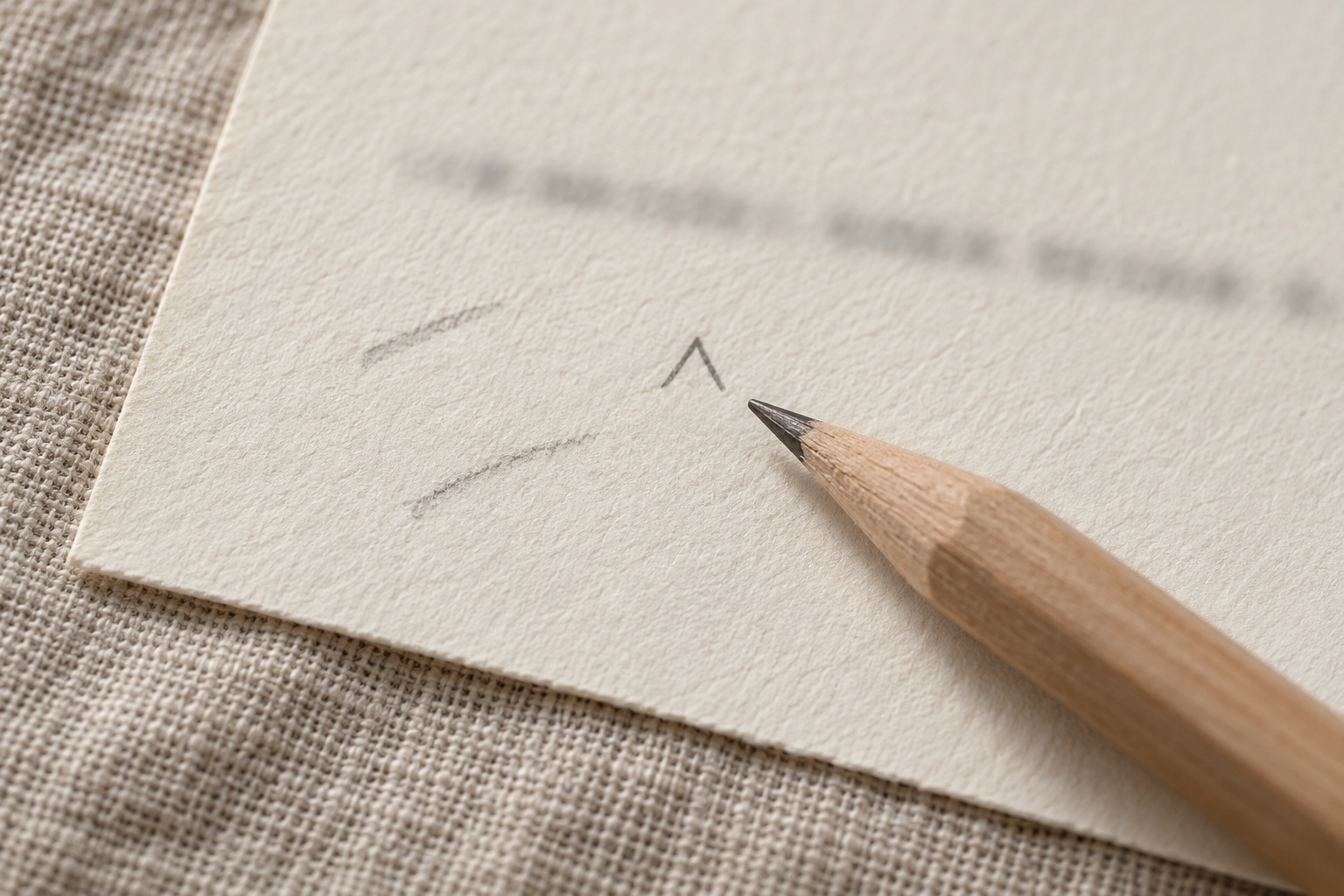 Macro of ivory card stock lying on linen: a pencilled caret and two short strokes under a soft, out-of-focus printed line, with a pencil tip resting beside them.
