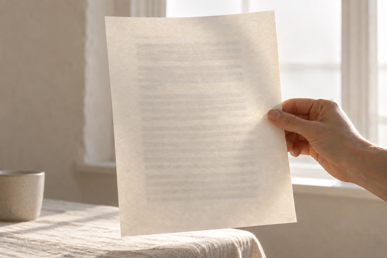 A single printed page held up to a bright window by one hand at its right edge, its lines showing through as soft grey marks, a linen table and a stoneware cup soft at lower left.