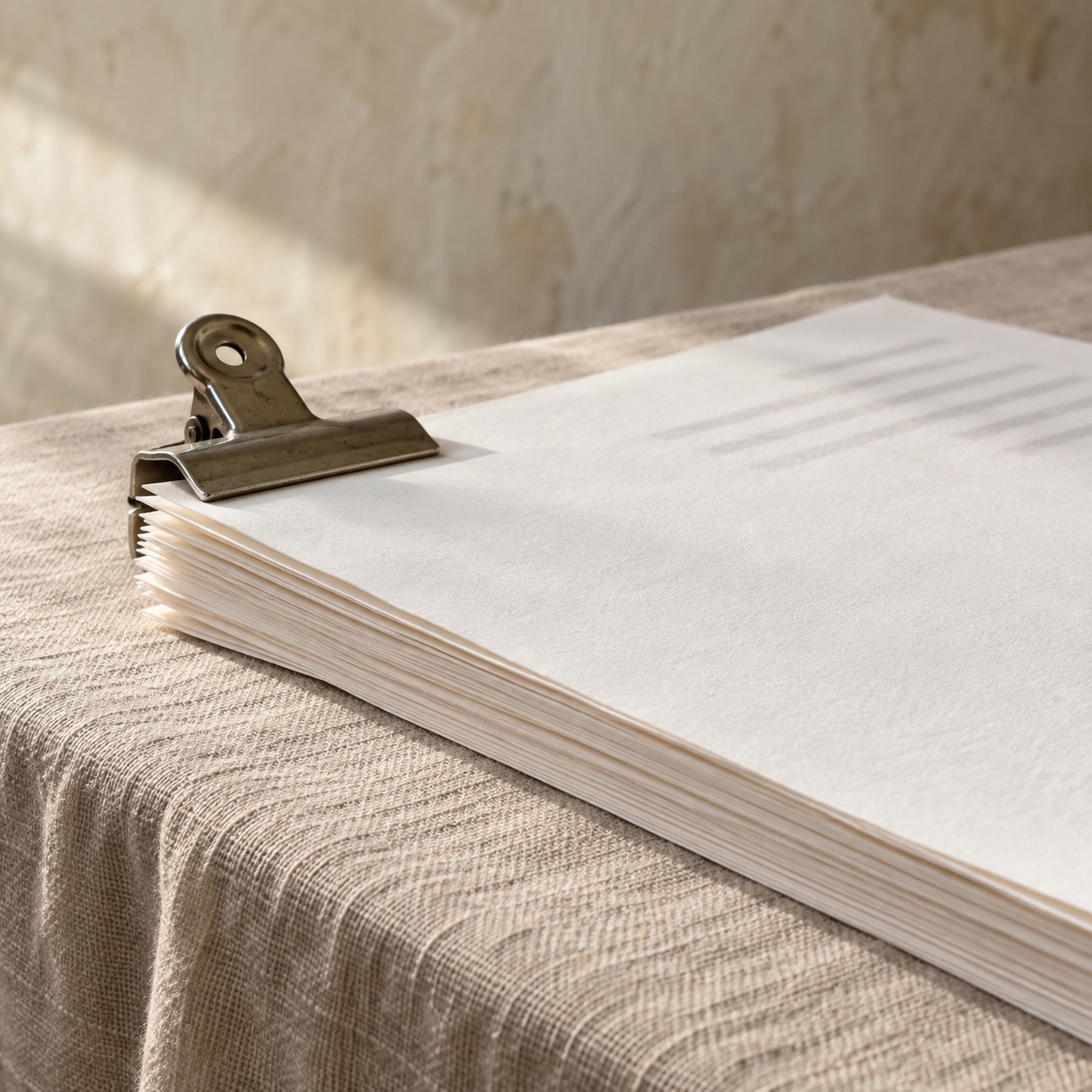 A thick manuscript held by one steel bulldog clip on the edge of a linen-covered table in raking daylight.