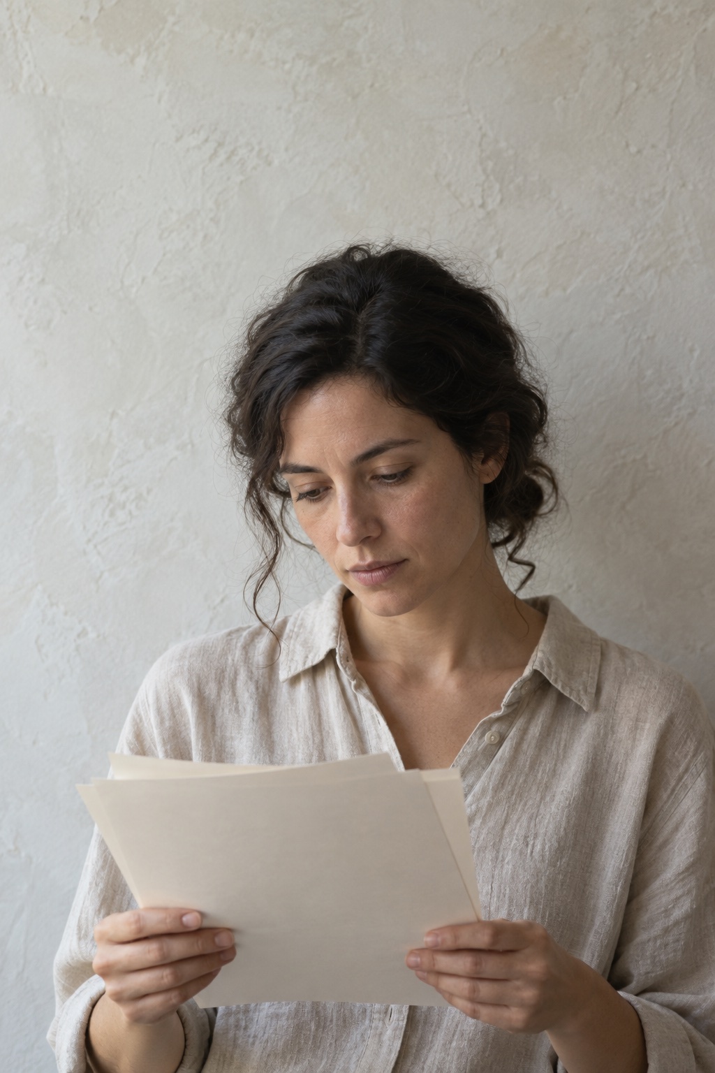 Illustrative portrait: a woman in her thirties with dark hair in a linen shirt, reading a few printed pages beside a limewashed wall.