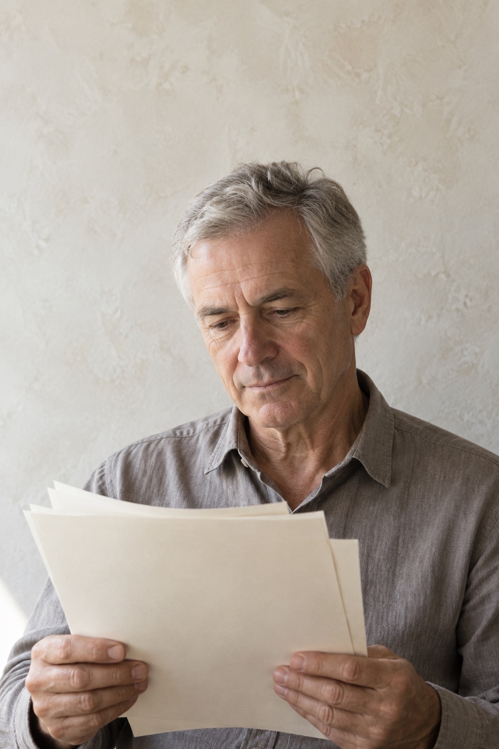 Illustrative portrait: a grey-haired man in his sixties in a grey shirt, reading printed pages beside the same limewashed wall.