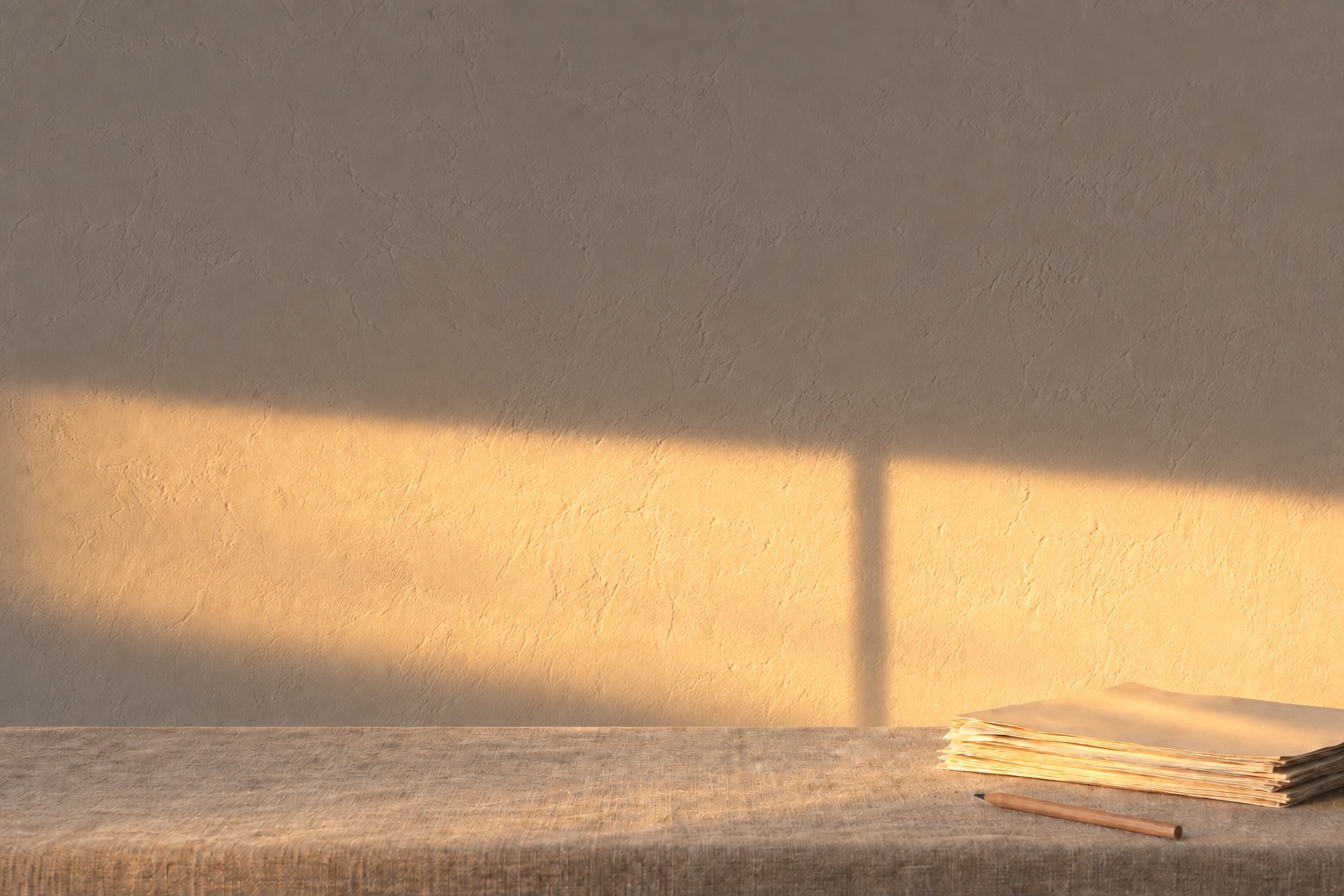 The same limewashed wall and linen table at the end of the day, a wide amber streak of low sun across the lower wall and the stack of pages.